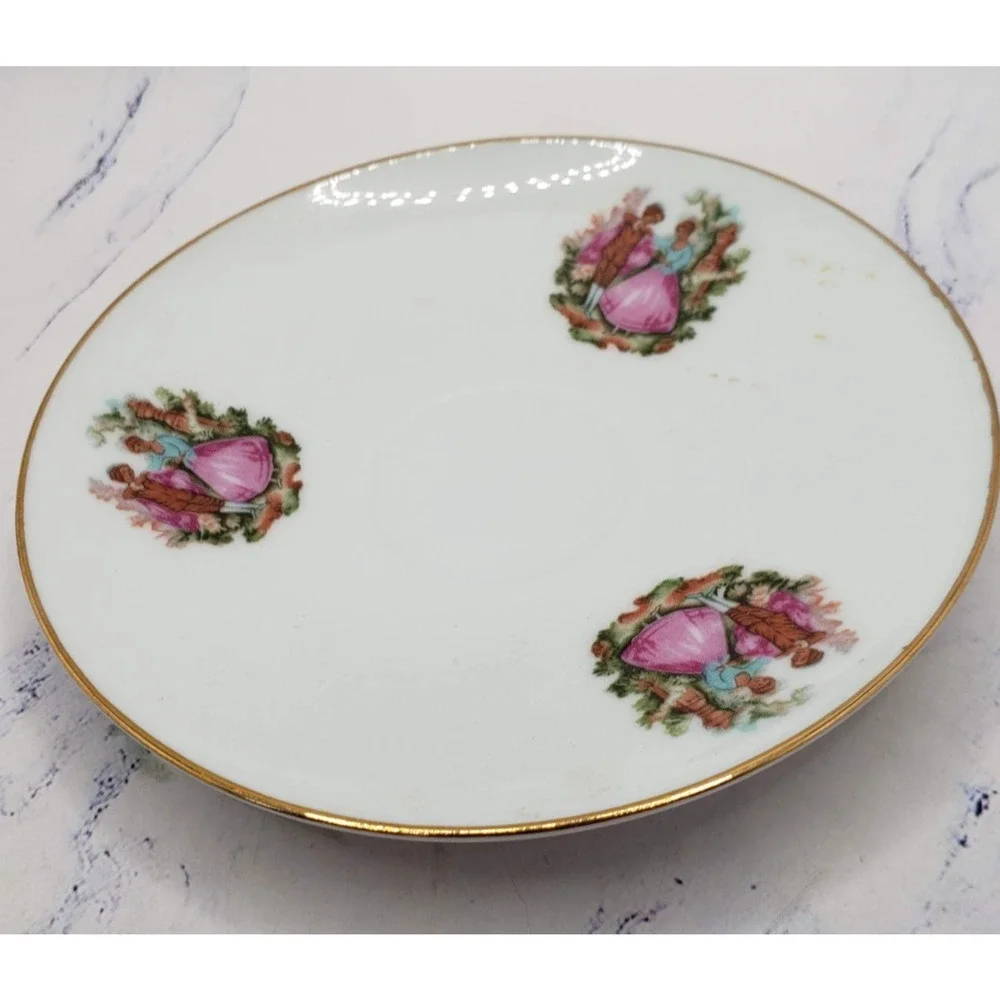 Vintage Porcelain Tea Cup and Saucer White w/Gold Trim and Dancing Couple